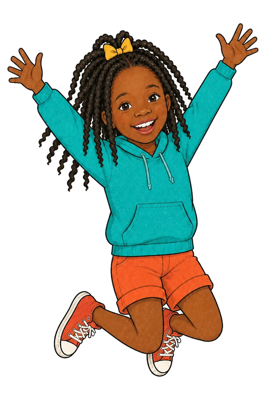 Illustration of Justice jumping with her arms in the air