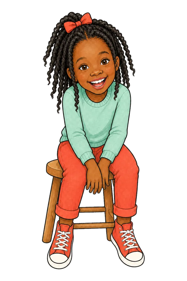 Illustration of Justice sitting on a stool, laughing